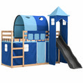 Hochbett für Kinder mit Rutsche und Vorhängen, Schutzgeländer, Lattenrost, Blau 80x200 cm