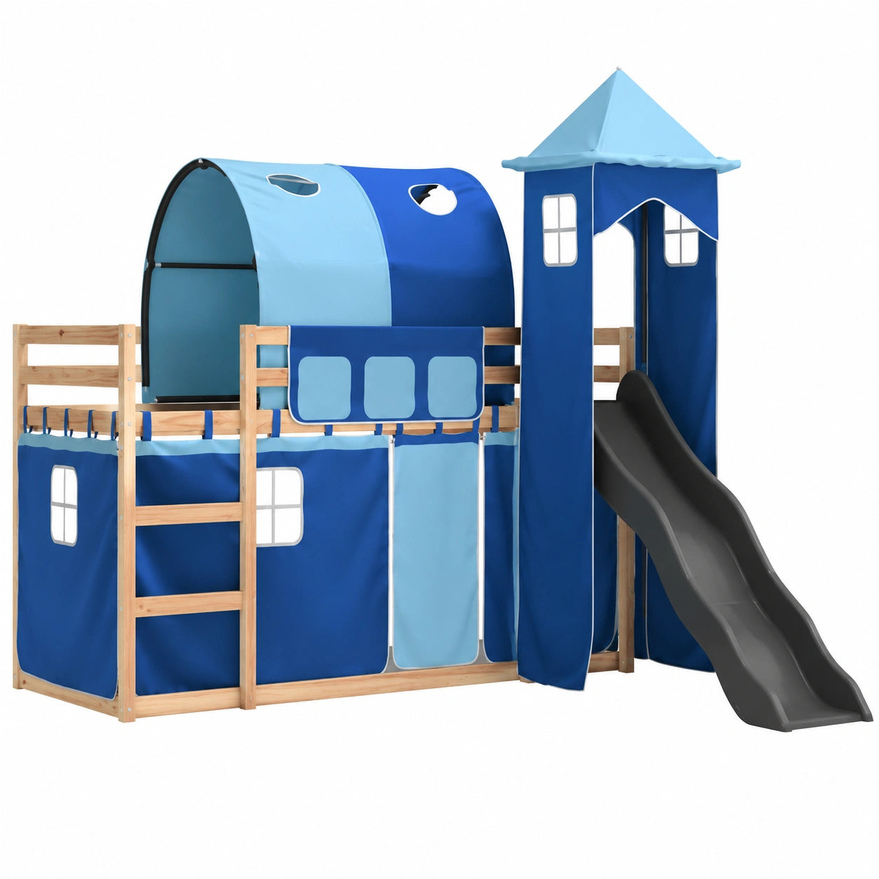 Hochbett für Kinder mit Rutsche und Vorhängen, Schutzgeländer, Lattenrost, Blau 80x200 cm