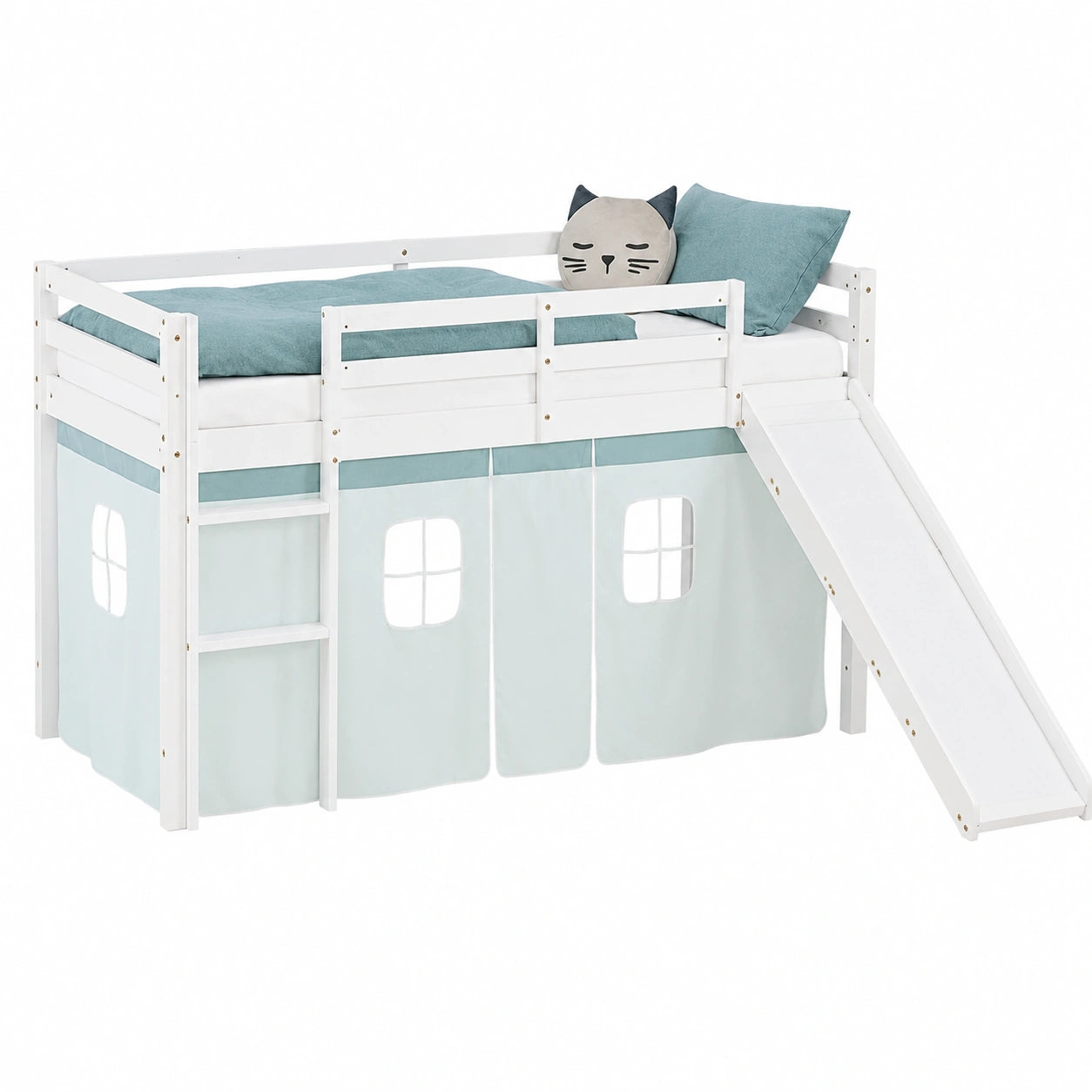 Hochbett mit Rutsche und Vorhang 90x200 cm aus Kiefernholz in Weiß und Mintgrün für Kinderzimmer