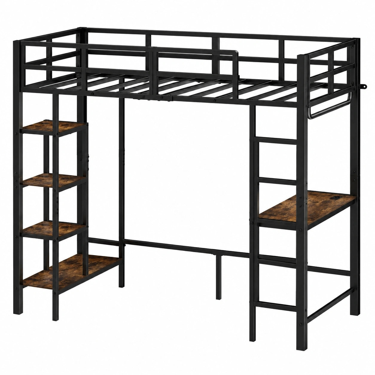 EGGREE Metall-Hochbett 90x200 cm mit integriertem Schreibtisch und Regal, platzsparend für Jugend- und Erwachsenenzimmer, Schwarz