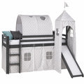 Kinderhochbett mit Rutsche und Vorhang aus Kiefernholz, 90x200 cm, Grau