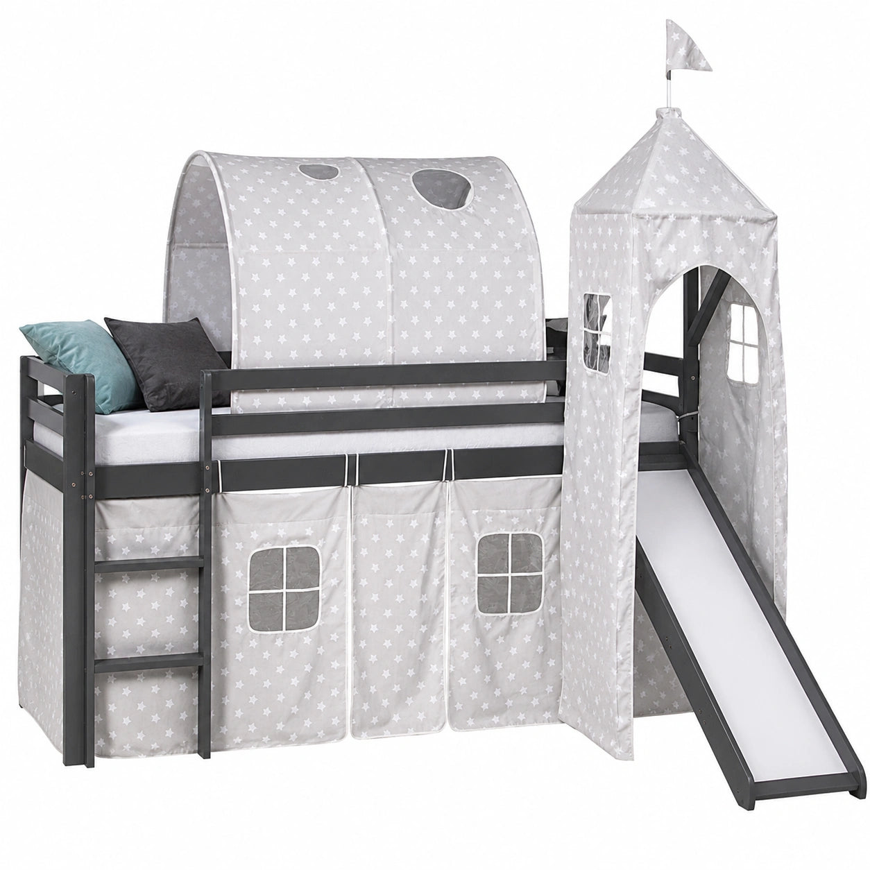 Kinderhochbett mit Rutsche und Vorhang aus Kiefernholz, 90x200 cm, Grau