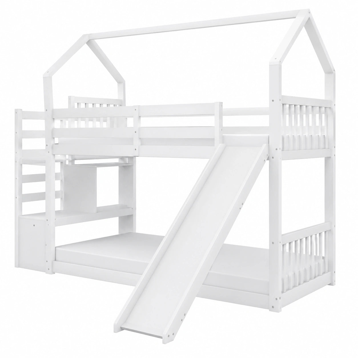 Kinder-Etagenbett mit Rutsche und Stauraumtreppe, 90x200 cm, weißes Hausbett für zwei