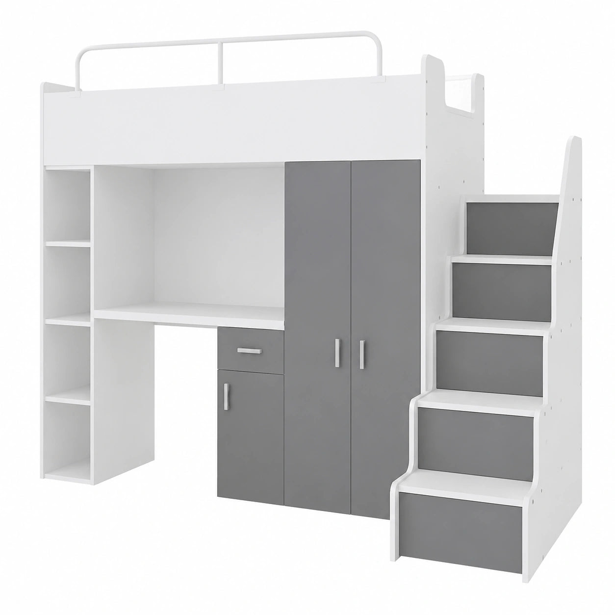 Kinderhochbett mit Kleiderschrank und Schreibtisch, 90x200 cm, Treppe, Graphit Matt