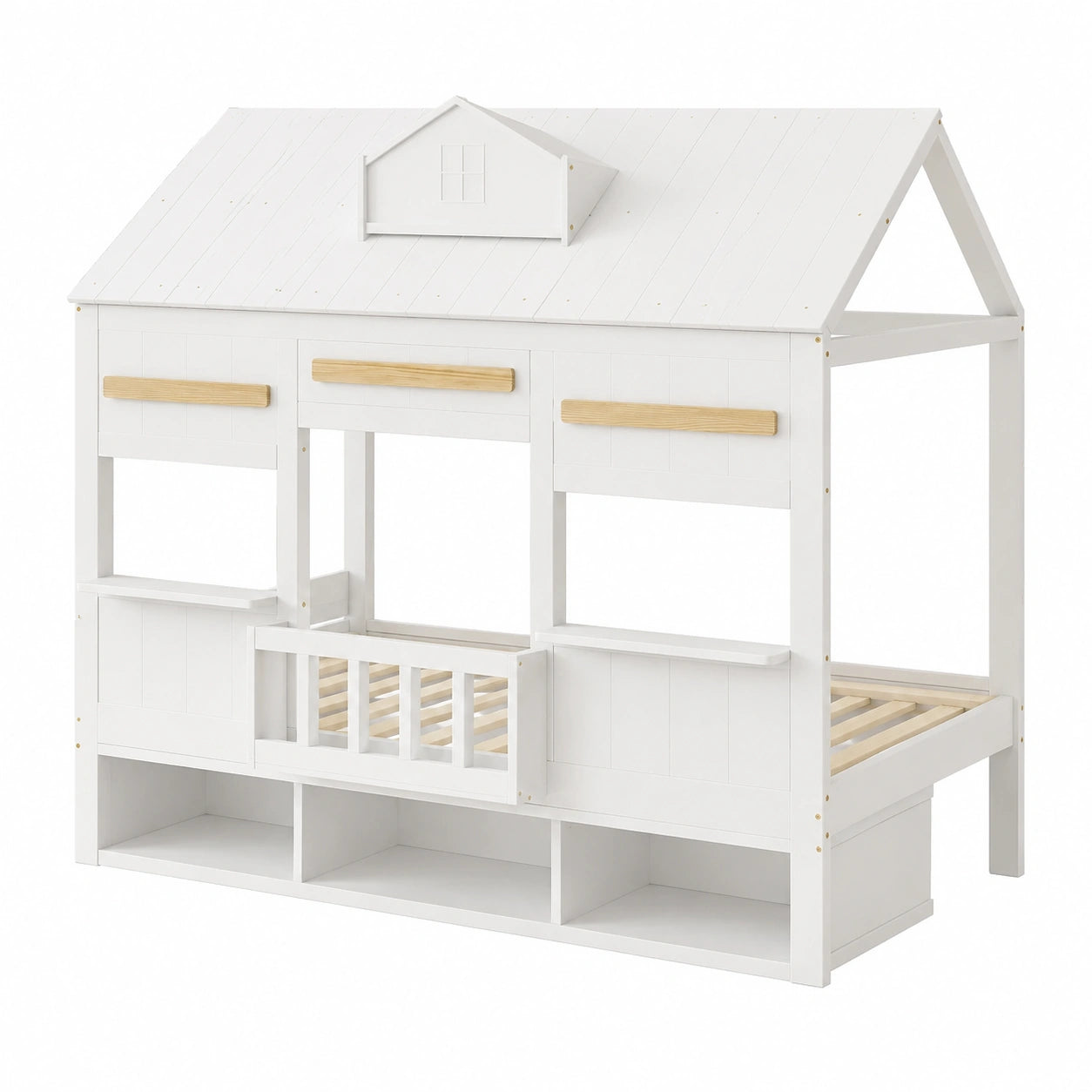 Hochbett für Kinder 90x200 cm mit Bücherregal, stabiles Hausdesign, Jugendbett mit Lattenrost, weiß