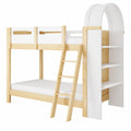 Kinder-Etagenbett 90x200 cm mit Regalen und Sicherheitsgitter, Hausbett mit Kuppel und Leiter, stabiles Hochbett, Weiß+Natur, exkl. Matratze