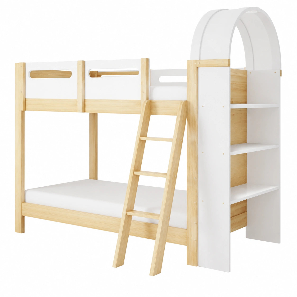 Kinder-Etagenbett 90x200 cm mit Regalen und Sicherheitsgitter, Hausbett mit Kuppel und Leiter, stabiles Hochbett, Weiß+Natur, exkl. Matratze