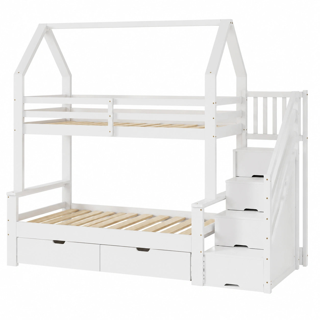 Hochbett mit Treppe und Schubladen aus Kiefernholz, Etagenbett für Kinder, 90x200 und 140x200, inkl. Stauraum, Weiß