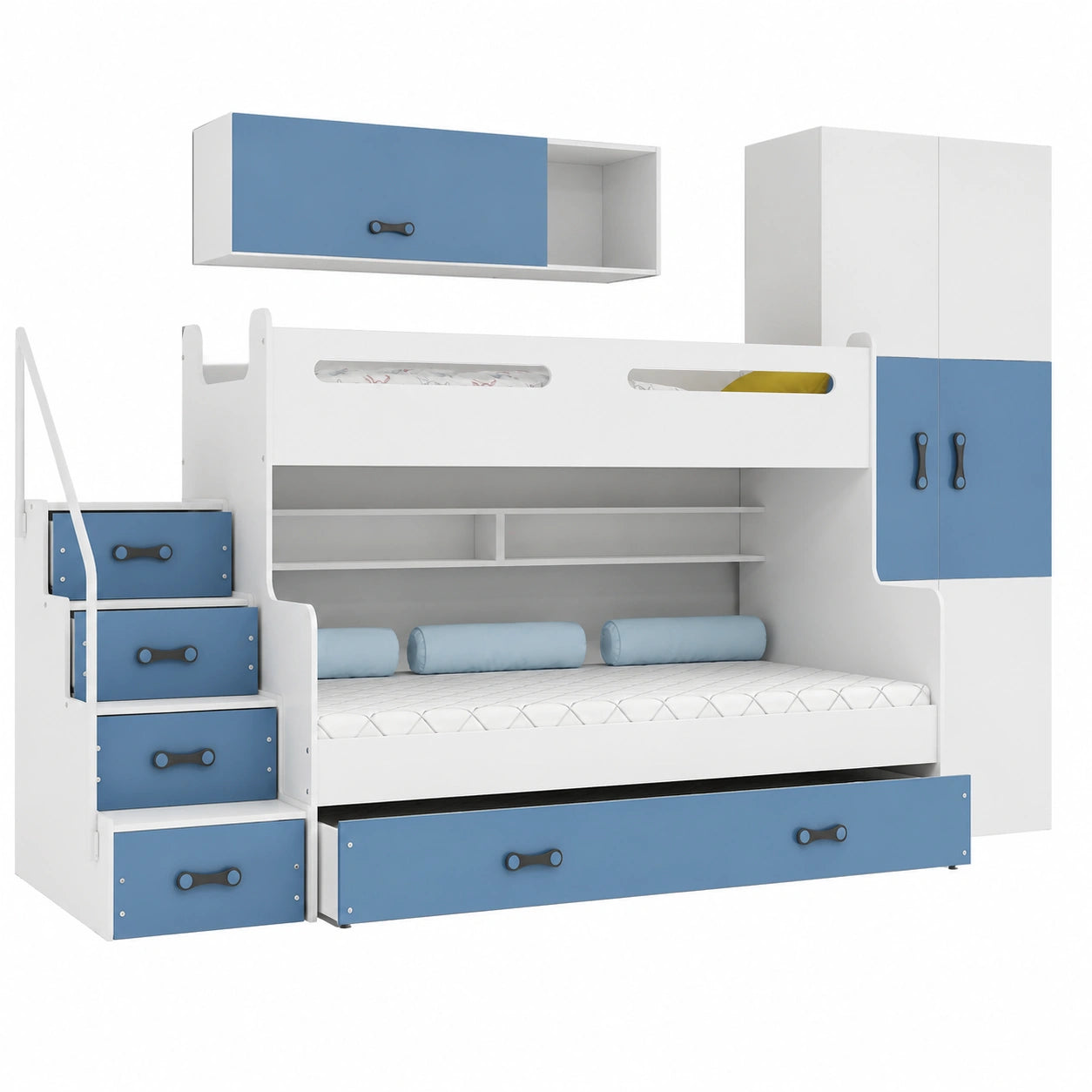 Kinder-Etagenbett mit Treppe und Stauraum in Weiß-Blau