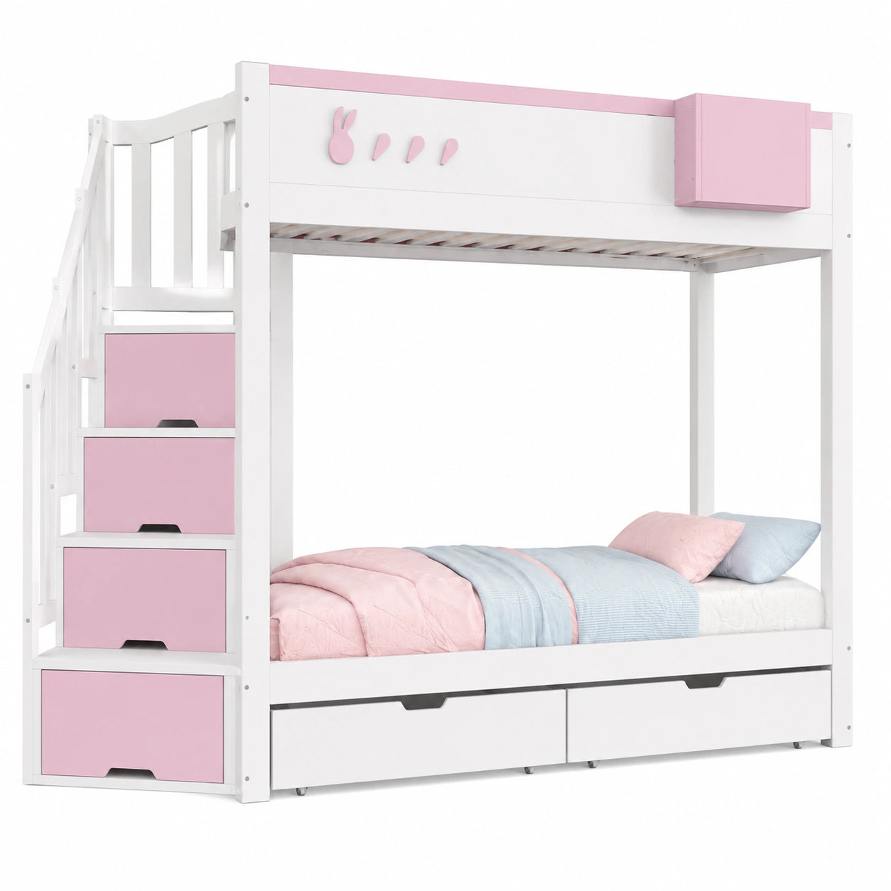 Hochbett für Kinder 90x200 cm mit Treppe, Schubladen und Absturzsicherung, Weiß/Rosa