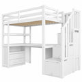 Multifunktionales Hochbett 90x200 cm mit Schreibtisch & Treppe, Kinder-Etagenbett mit Schubladen und Regalen in Weiß