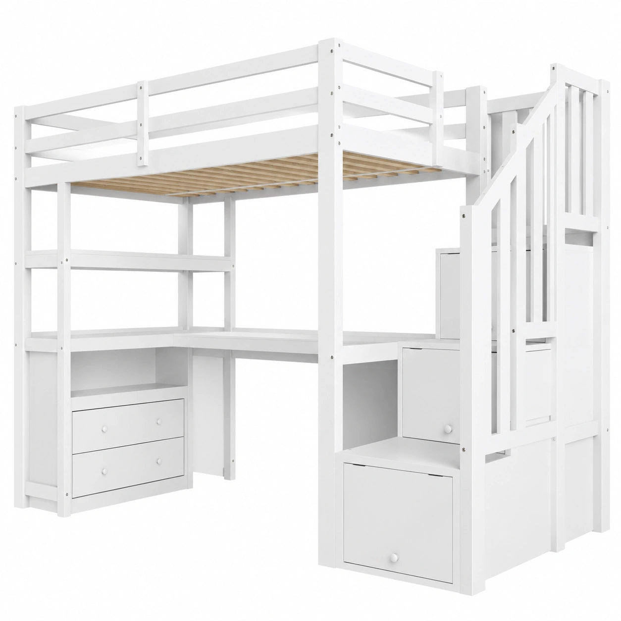 Multifunktionales Hochbett 90x200 cm mit Schreibtisch & Treppe, Kinder-Etagenbett mit Schubladen und Regalen in Weiß