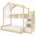 Etagenbett für Kinder 90x200 und 140x200, Hausbett mit Stauraum, Fenster und Dach, Stockbett aus Kiefernholz, inkl. Lattenrost und Rausfallschutz, Natur/Weiß, ohne Matratze