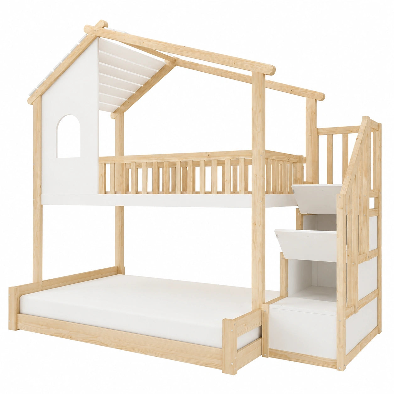 Etagenbett für Kinder 90x200 und 140x200, Hausbett mit Stauraum, Fenster und Dach, Stockbett aus Kiefernholz, inkl. Lattenrost und Rausfallschutz, Natur/Weiß, ohne Matratze