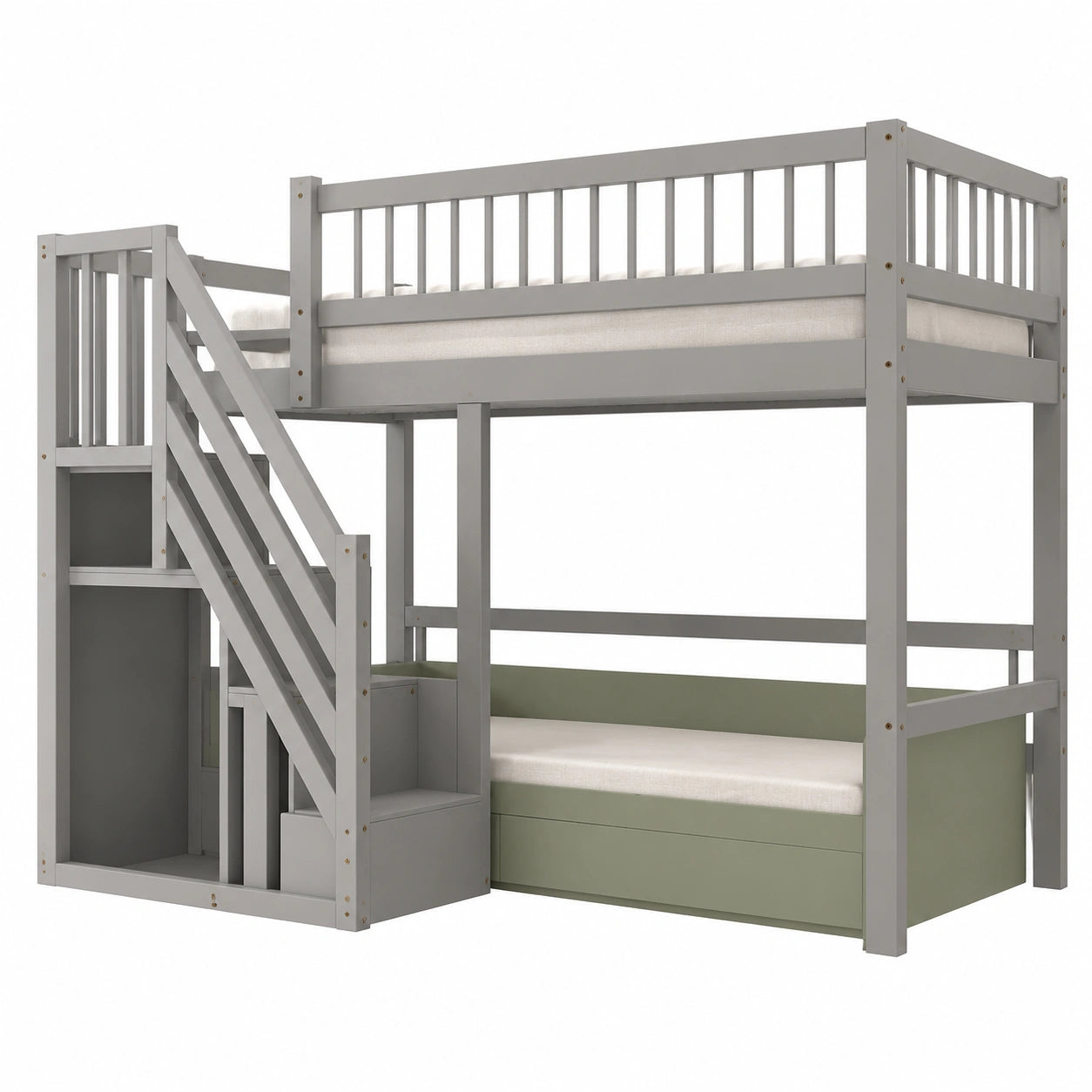 Kinderhochbett 90x200 cm mit Schrank und Treppe, sicheres Holzbett in Grau
