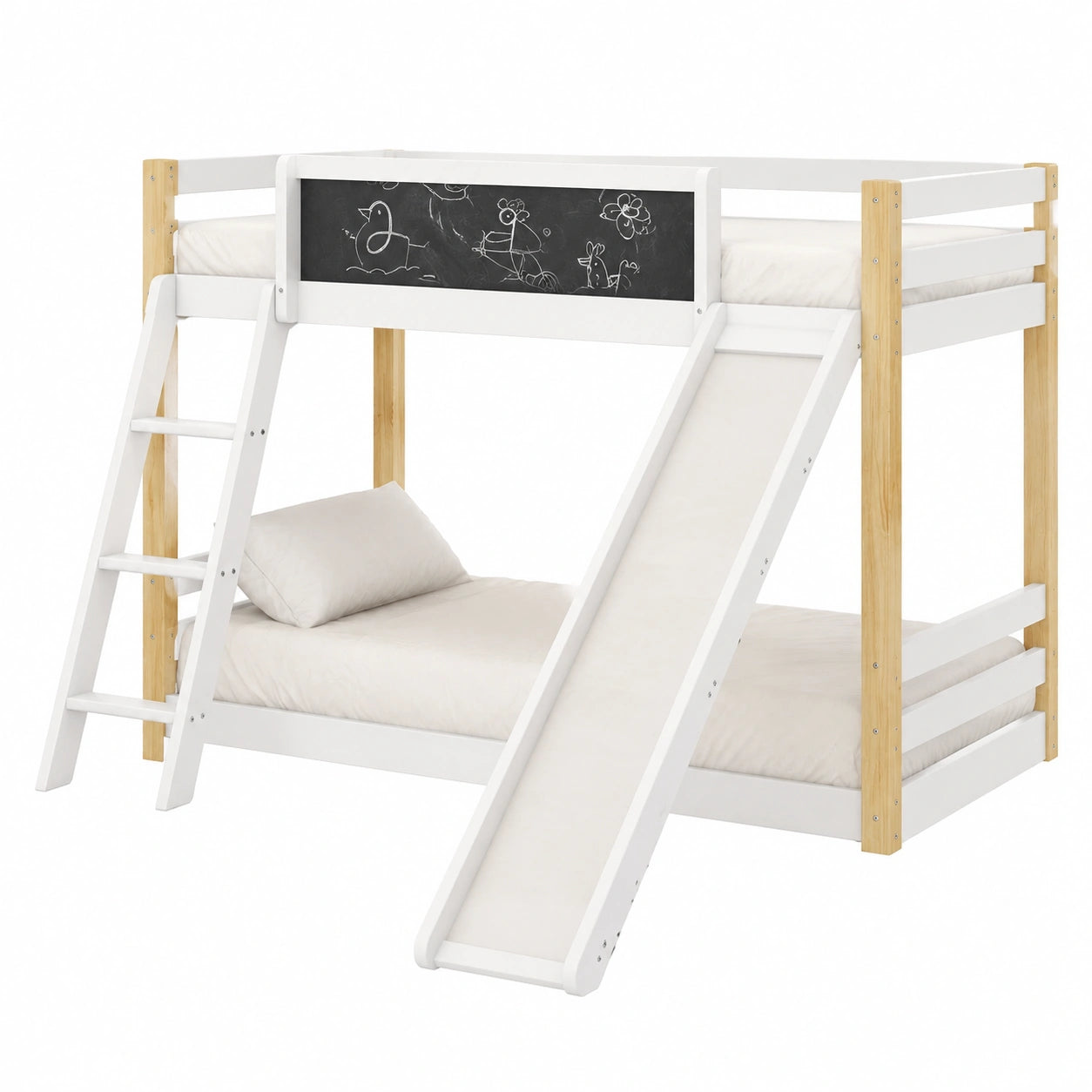 Kinder Etagenbett 90x200 cm mit Rutsche und Tafel, Hausbett in Weiß und Naturholz, Hochbett für 2 Kinder, inklusive Lattenrost