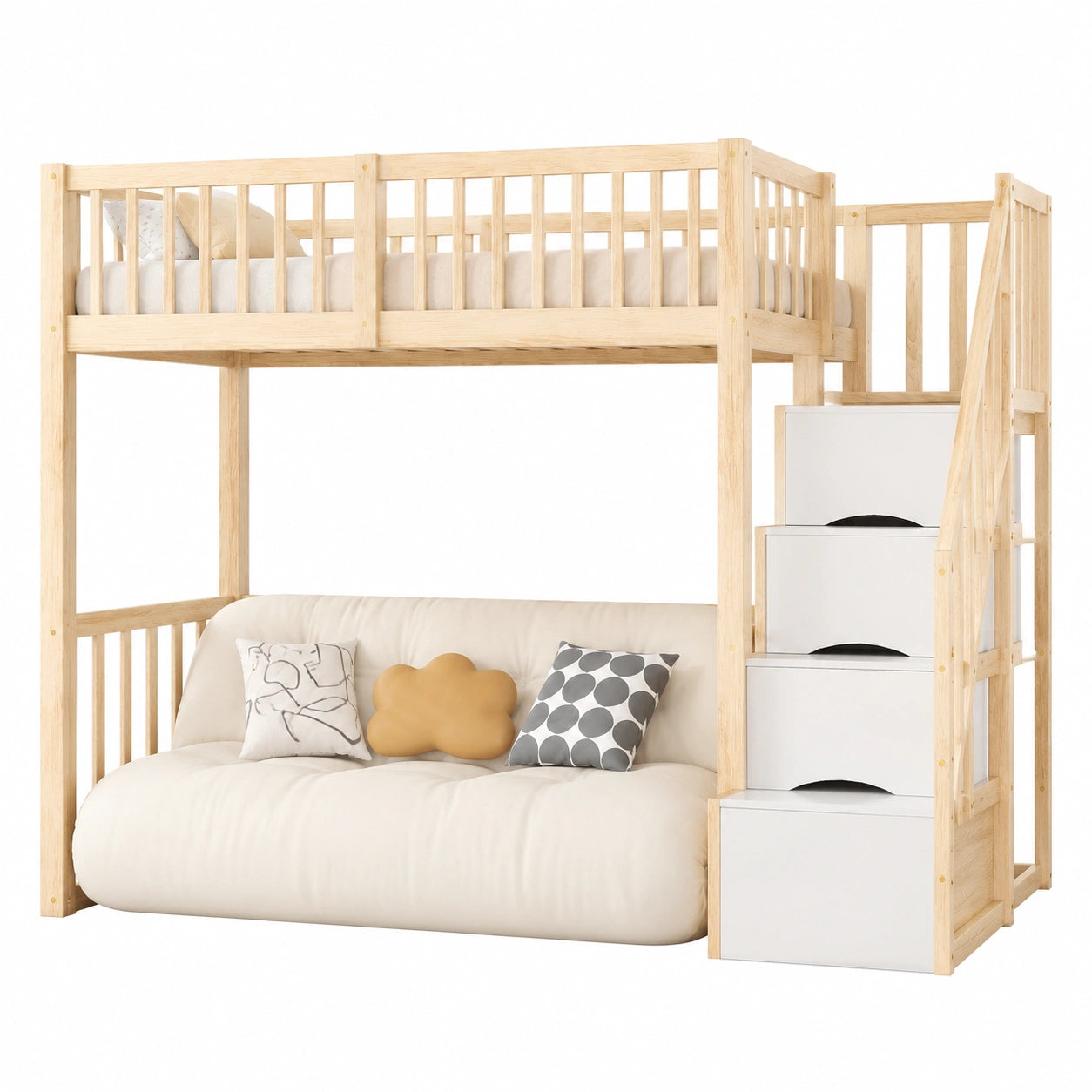 Multifunktionales Hochbett 90x200 aus Kiefernholz mit Treppe und Stauraum