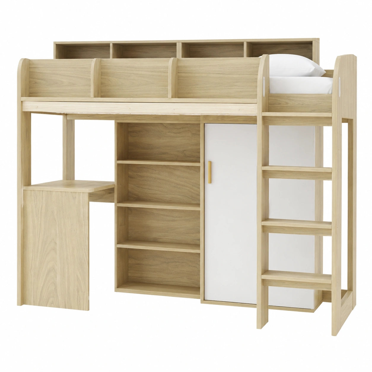 Multifunktionales Hochbett 90x200 mit LED, Kleiderschrank und Schreibtisch, Kinder- und Jugendbett