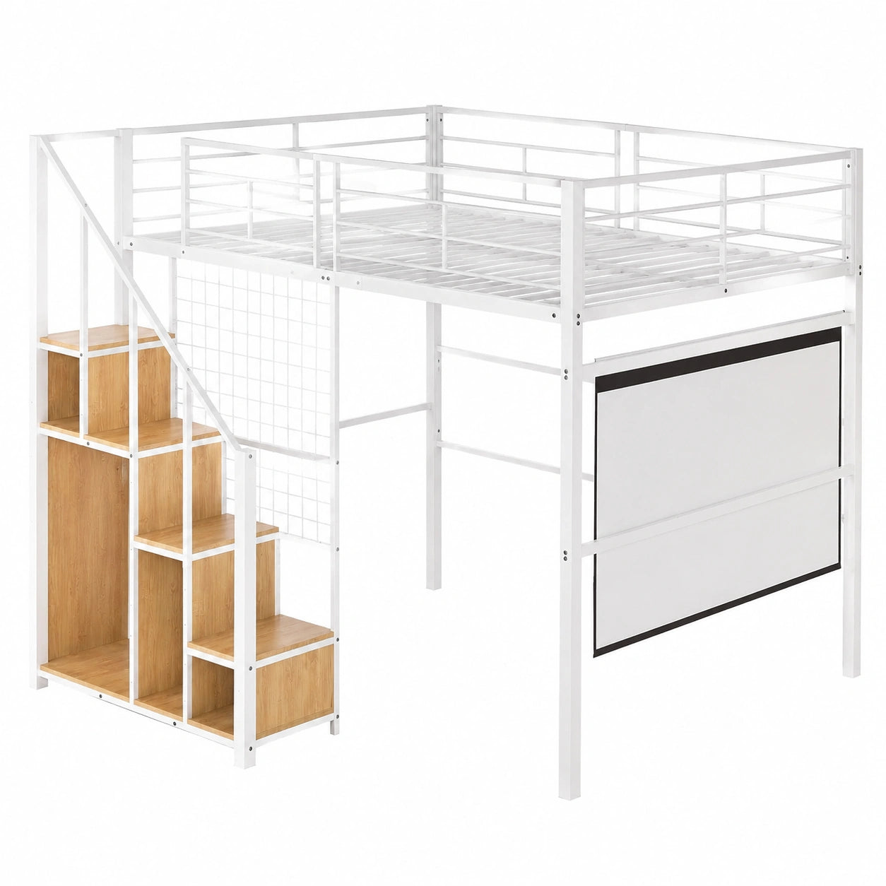 Hochbett Metall 140x200 cm mit Treppe und Stauraum, Kinder- und Jugendbett, weiß