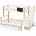Hochbett für 3 Kinder mit Tafel und Stauraumschubladen, Natur & Weiß, 90x200 & 140x200 cm