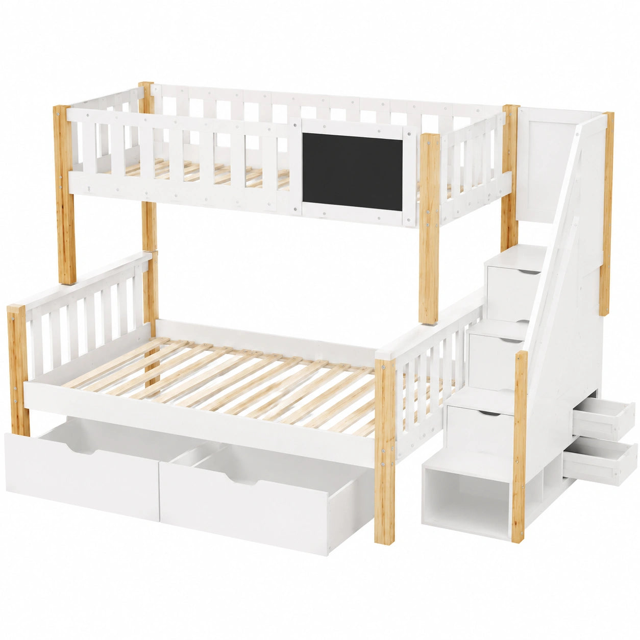 Hochbett für 3 Kinder mit Tafel und Stauraumschubladen, Natur & Weiß, 90x200 & 140x200 cm