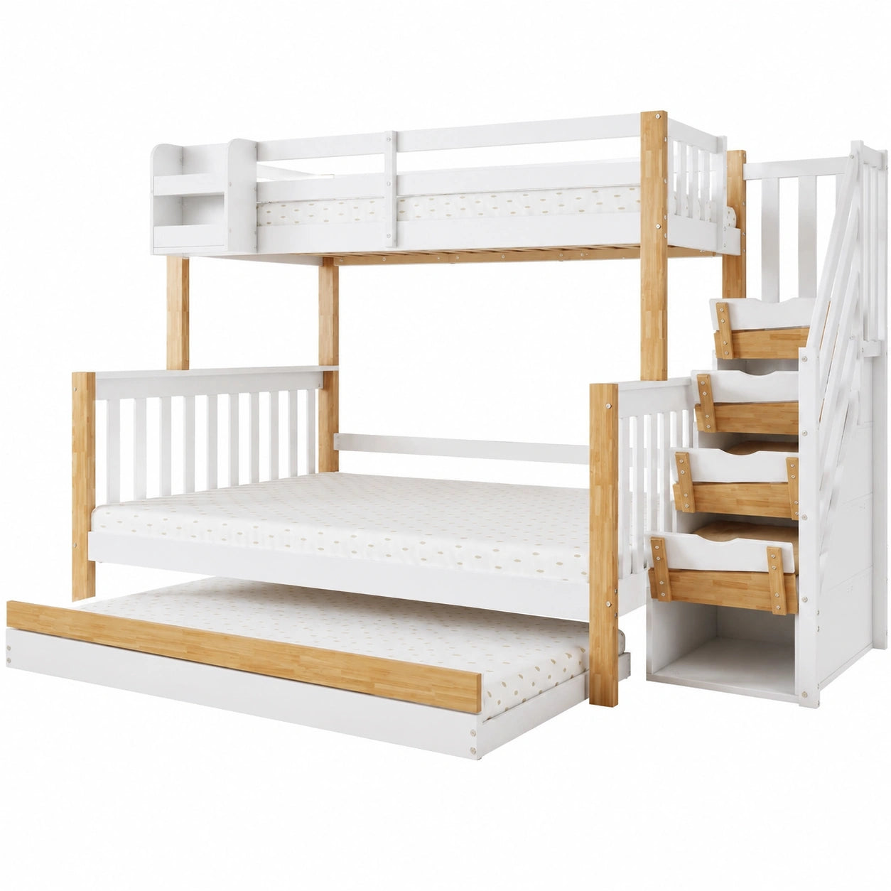 Kindersetagenbett mit Treppe und Stauraum, 90x200 & 120x200 cm, inkl. Ausziehbett, Hochbett aus Holz, Weiß/Natur, ohne Matratze