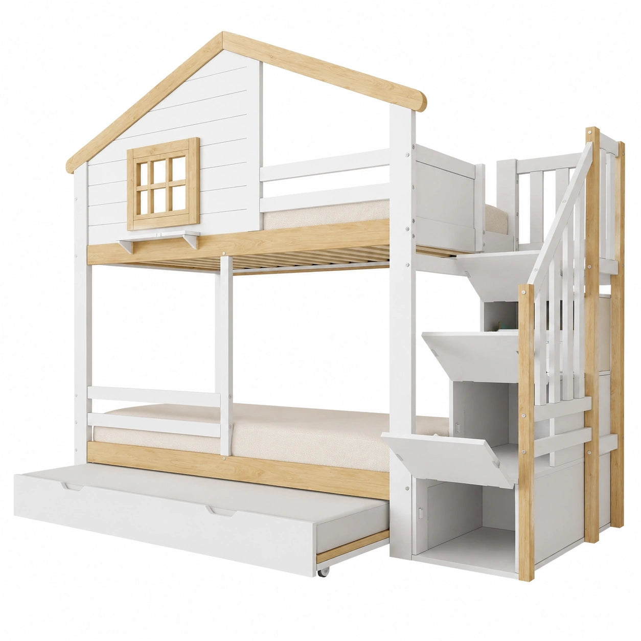 Etagenbett 90x200 für Kinder, Abenteuer-Hochbett aus Kiefernholz, mit Ausziehbett, Stauraum und Rausfallschutz, Weiß/Natur, ohne Matratze