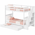 Kinder-Hochbett 90x200 cm mit Ausziehbett und Treppe, Stockbett für 3 Kinder, Jugendbett mit Lattenrost und Rausfallschutz, ohne Matratze
