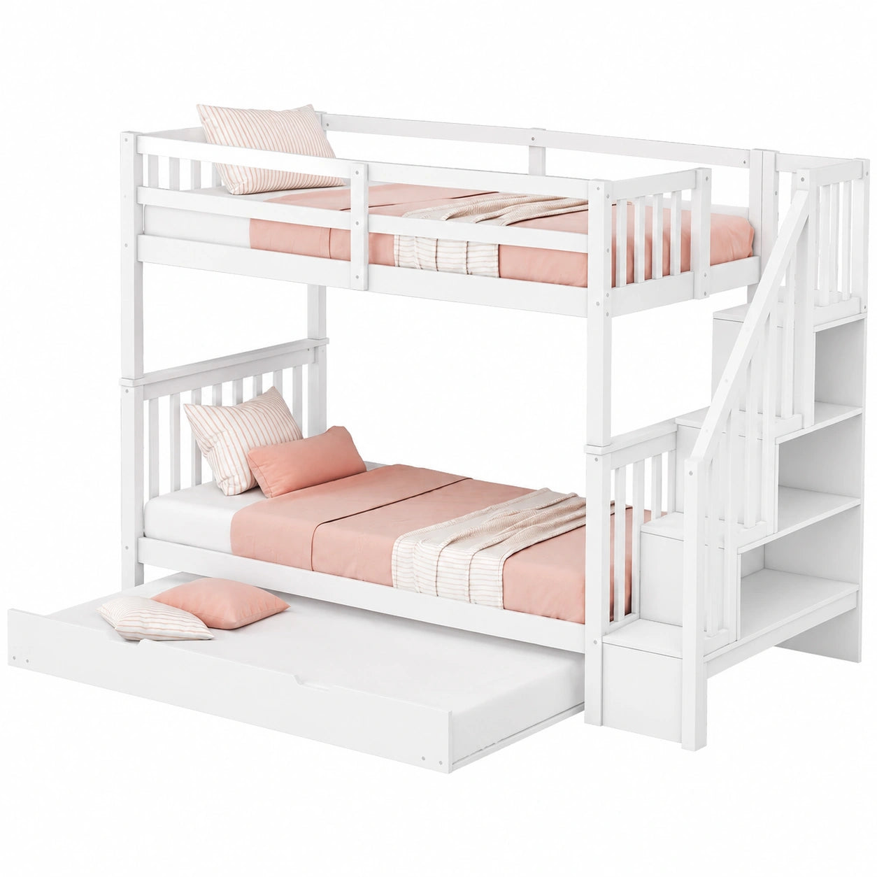 Kinder-Hochbett 90x200 cm mit Ausziehbett und Treppe, Stockbett für 3 Kinder, Jugendbett mit Lattenrost und Rausfallschutz, ohne Matratze