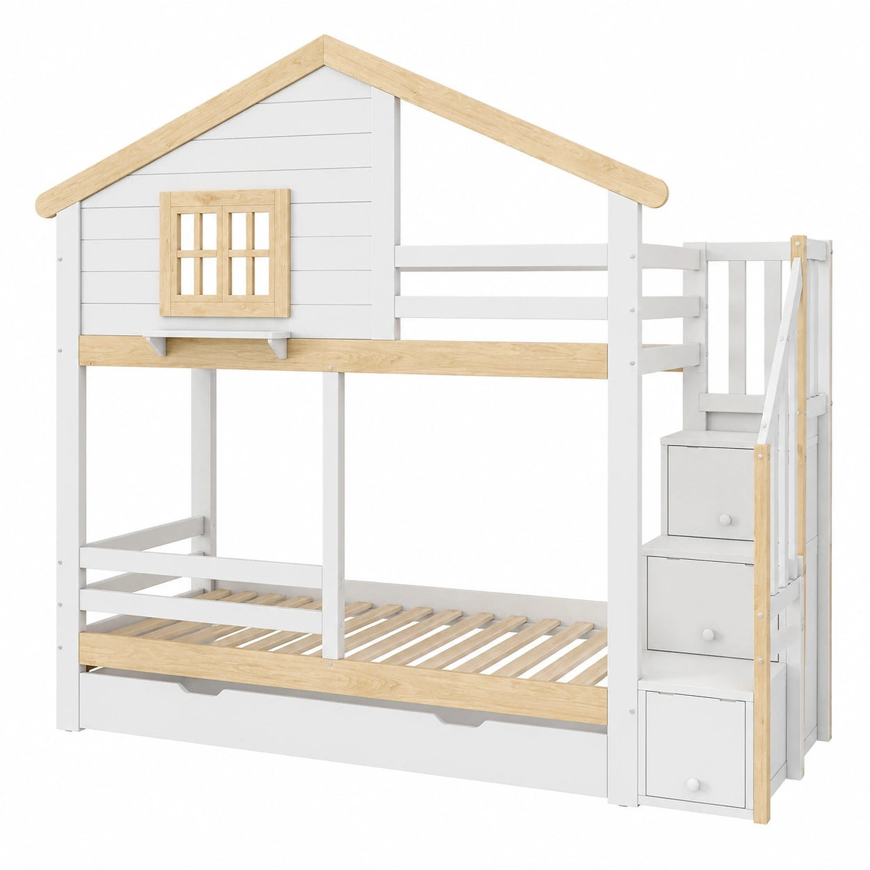 Kinderhochbett mit Treppe und Bettkasten, 90x200cm, Hausdesign, Weiß/Natur