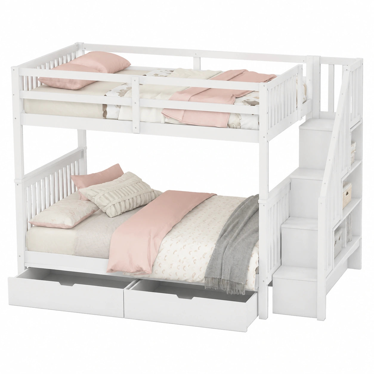 Hochbett 140x200 mit Treppe und Schubladen, Kinderbett für zwei, Jugendbett mit Rausfallschutz, Multifunktionsbett in Weiß ohne Matratze