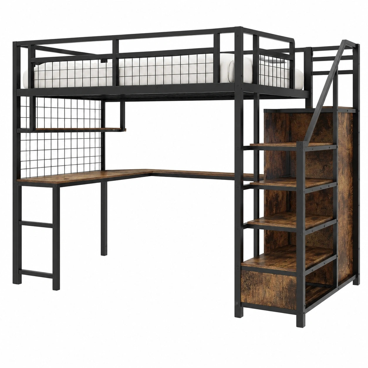 Merax Hochbett für Kinder, 140x200 cm, Metall, integrierter Schreibtisch und Regal, Kleiderschrank und Treppe mit Stauraum, Sicherheitszaun, ohne Matratze, Schwarz
