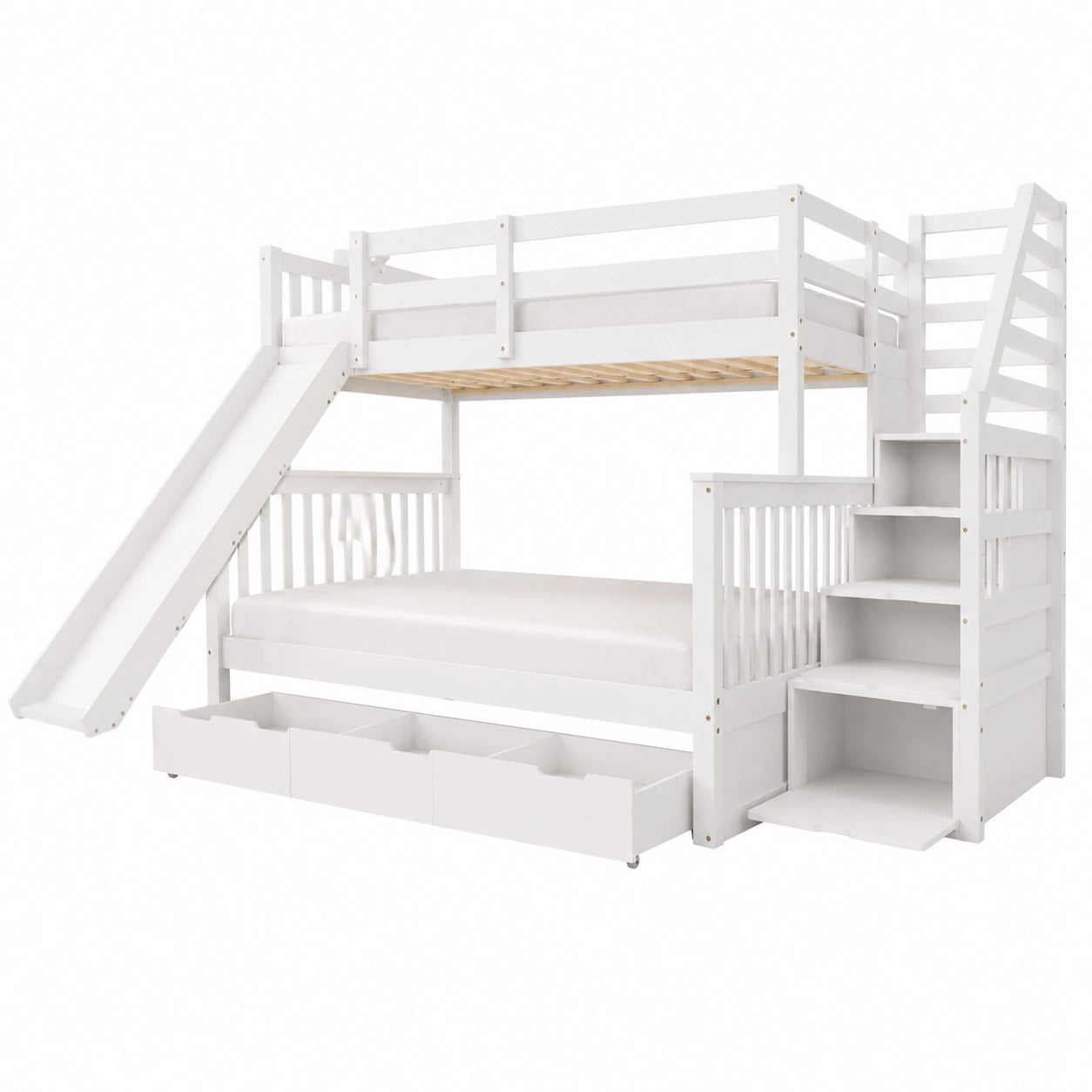 Multifunktionales Hochbett mit Rutsche und Stauraum, Kinder-Etagenbett in Weiß für Zwei
