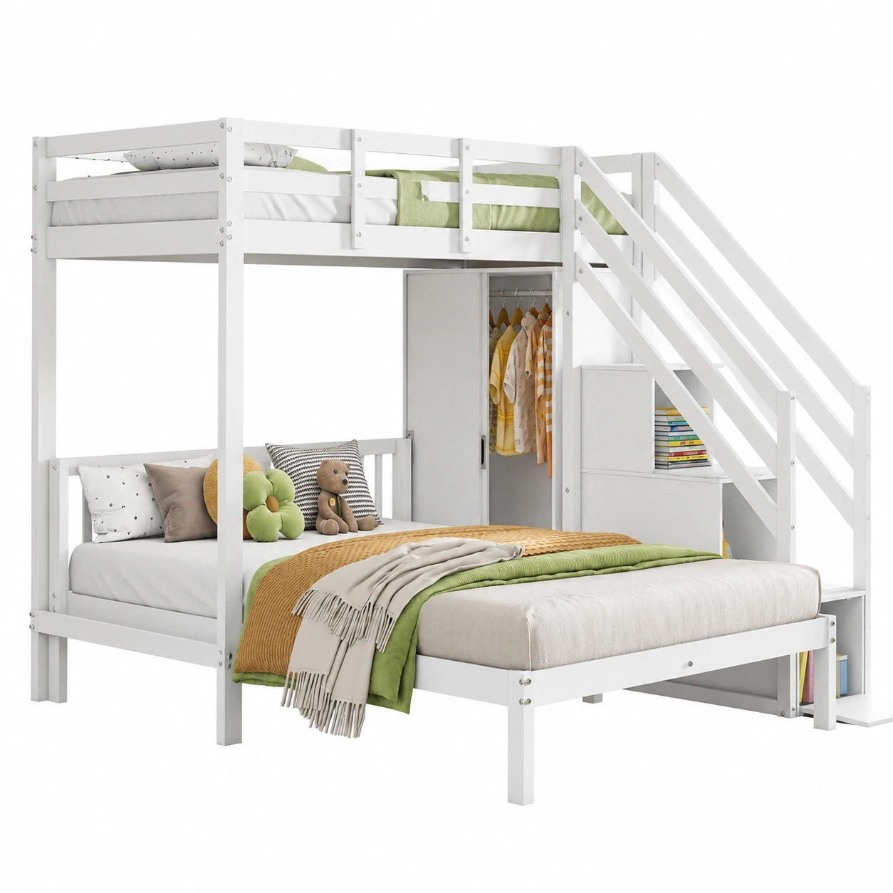 Multifunktionales Kinder-Etagenbett mit Kleiderschrank, Treppe und Stauraum, 90x200 & 140x200, Weiß