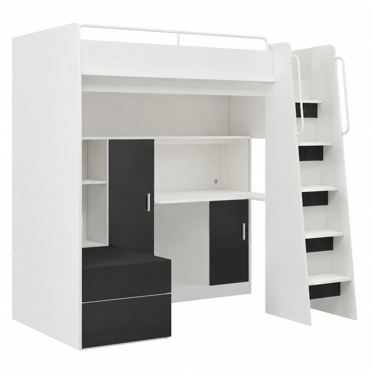 Multifunktions-Hochbett mit Treppe und ausziehbarem Sofa, 90x200 cm, Schwarz glänzend