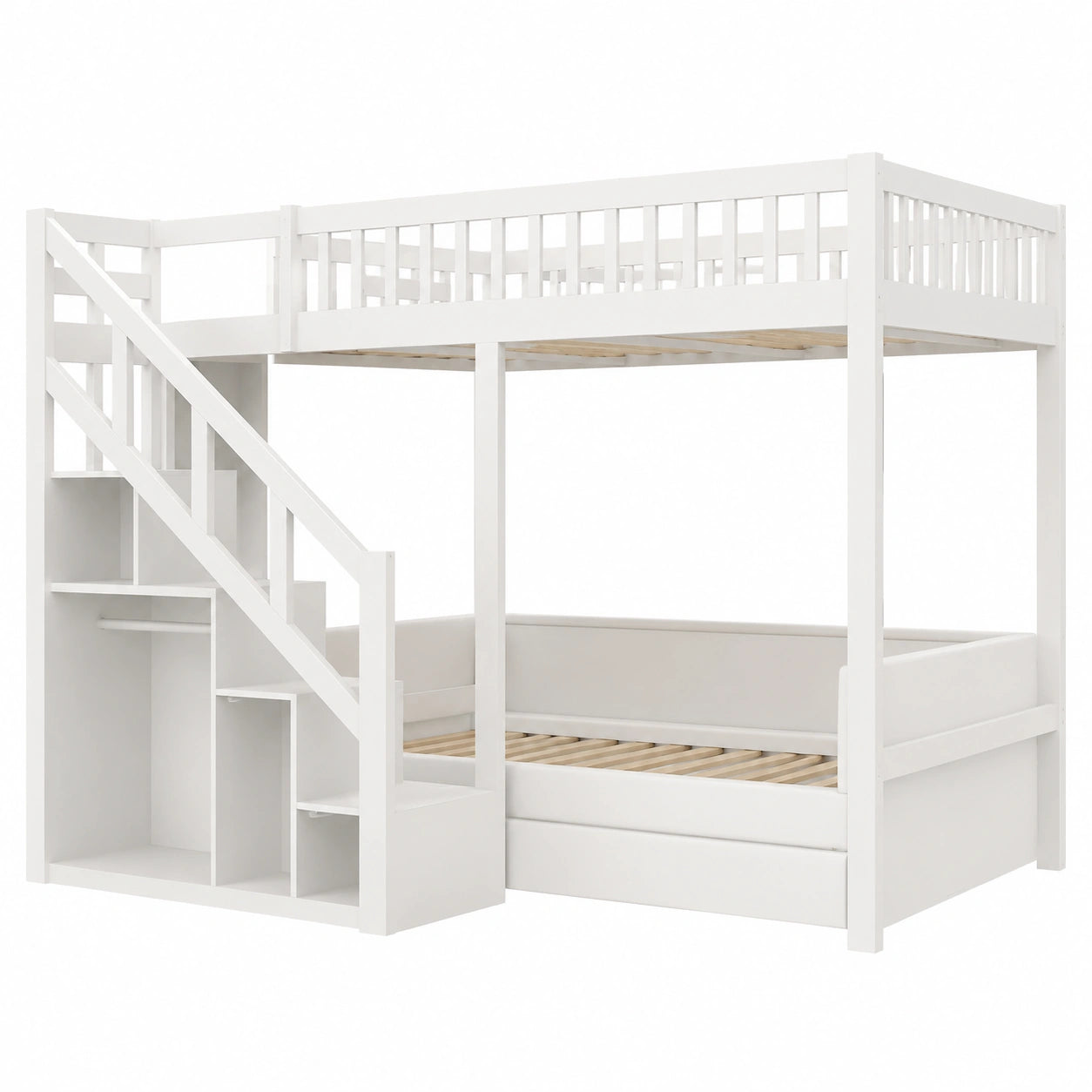 Etagenbett 140x200 mit Treppe und Stauraum, Hochbett mit Schrank und Lattenrost, Sicheres Bett für Kinder und Jugendliche