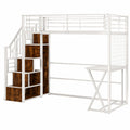 Loftbett 90x200 cm für Erwachsene & Jugendliche mit Staustufen, Schreibtisch und integriertem Schrank, Metallrahmen (Weiß)