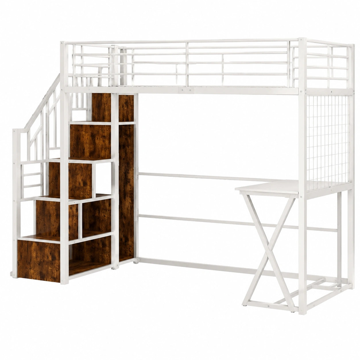 Loftbett 90x200 cm für Erwachsene & Jugendliche mit Staustufen, Schreibtisch und integriertem Schrank, Metallrahmen (Weiß)