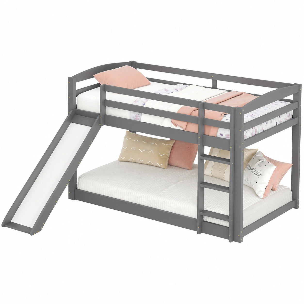 Kinderdoppelstockbett 90x200 mit Rutsche, Hochbett aus massivem Holz in Grau, ohne Matratze