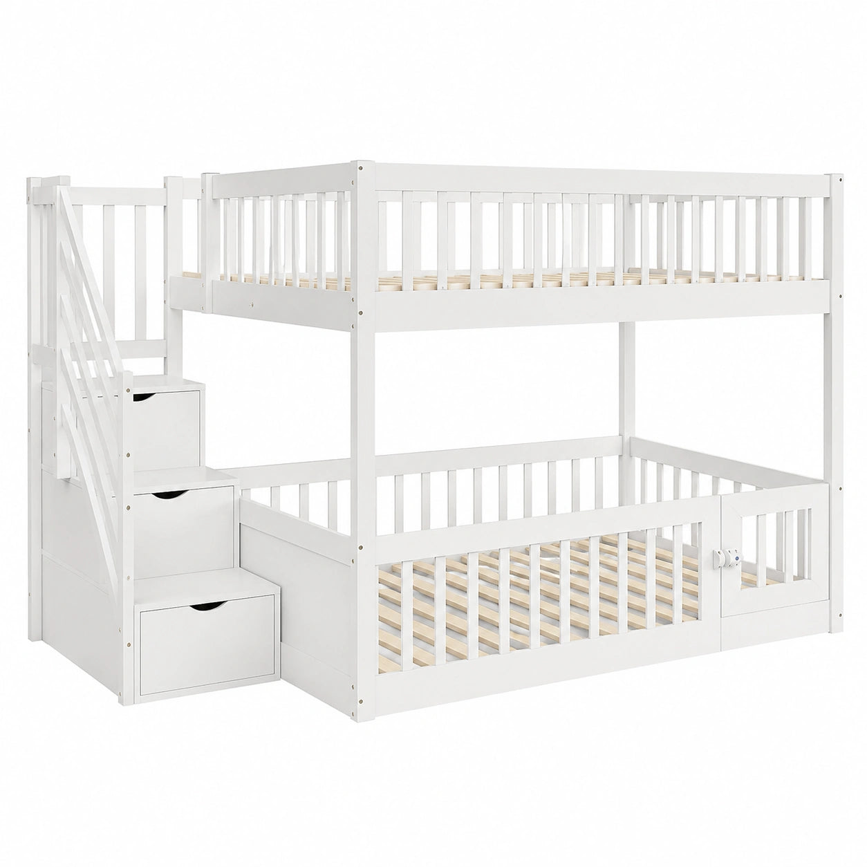 Hochbett 140x200 mit Treppe und Schubladen, weiß, Stauraum & Fallschutz, robustes Kinder- und Jugendbett aus Holz, platzsparend für zwei Personen