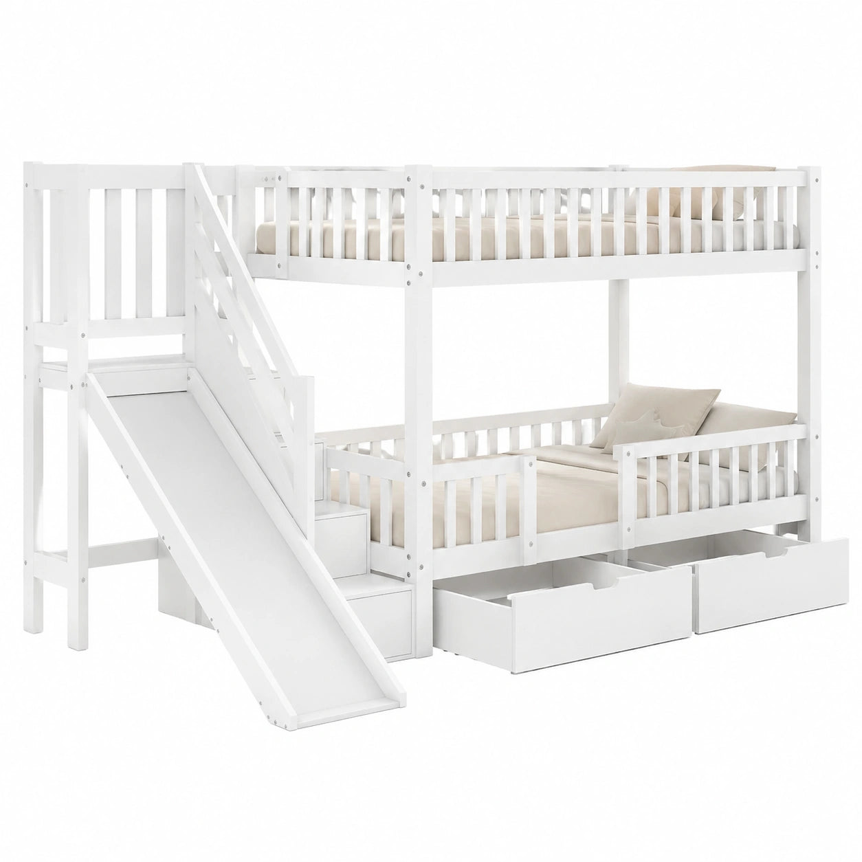 Hochbett für Kinder 90x200 cm mit Rutsche und Treppe, Stauraum-Schubladen, Weiß