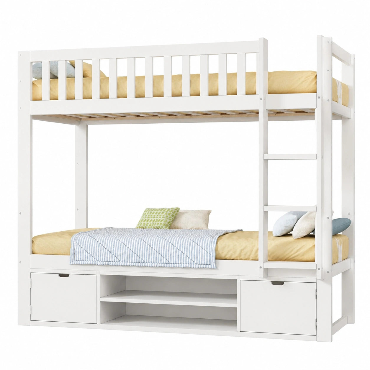 Hochbett für Kinder 90x200 cm mit Tischplatte und Schuhregal, Stockbett aus Holz mit Sicherheitsfach und Rausfallschutz, Weiß, inklusive Lattenrost, Ideal für Platzersparnis