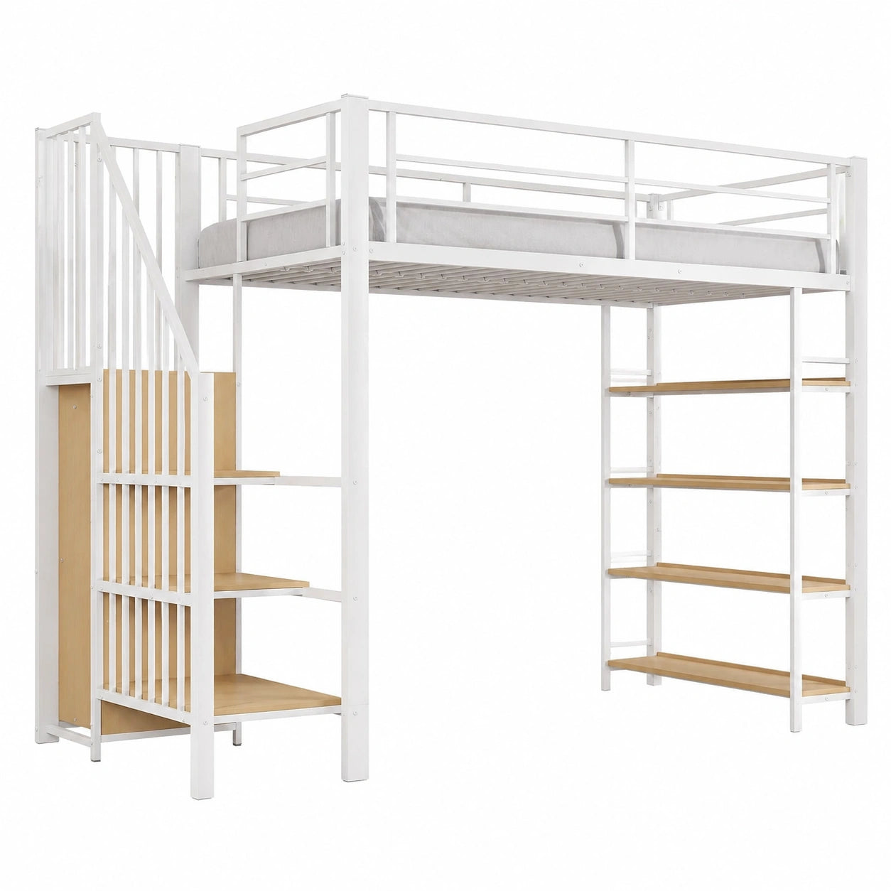 Hochbett für Kinder mit Kleiderschrank und Regalen, Metall-Etagenbett 90x200 cm, Weiß