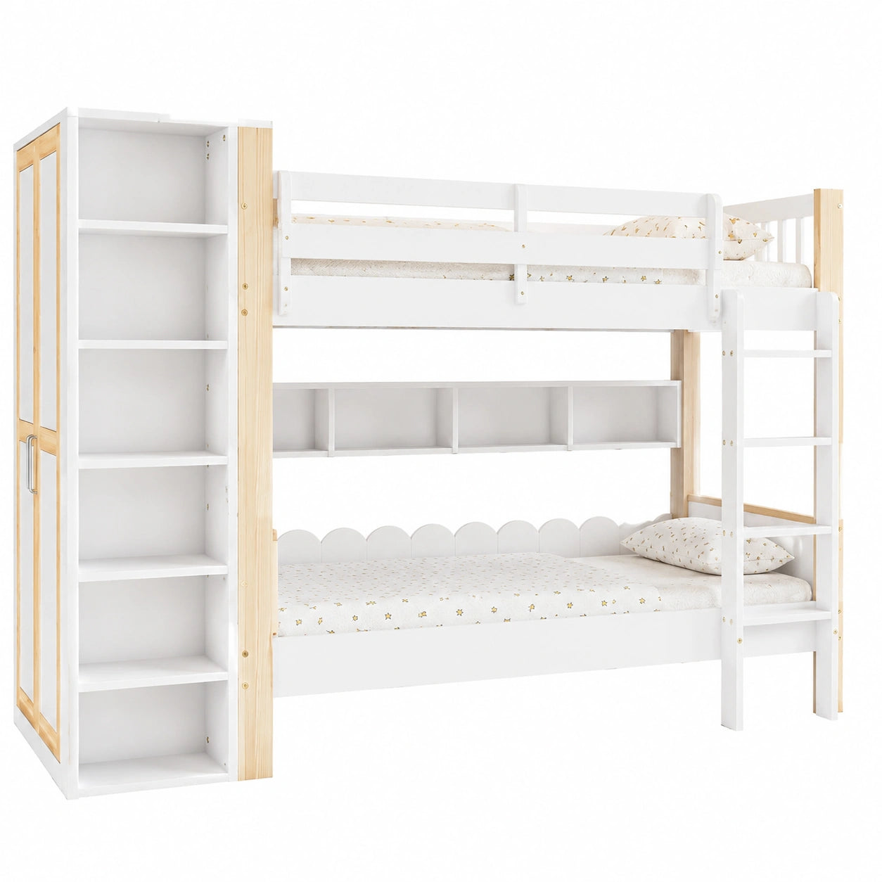 Merax Etagenbett 90x200cm mit Kleiderschrank und Regalen, platzsparendes Kinderhochbett mit Sicherheitsschutz