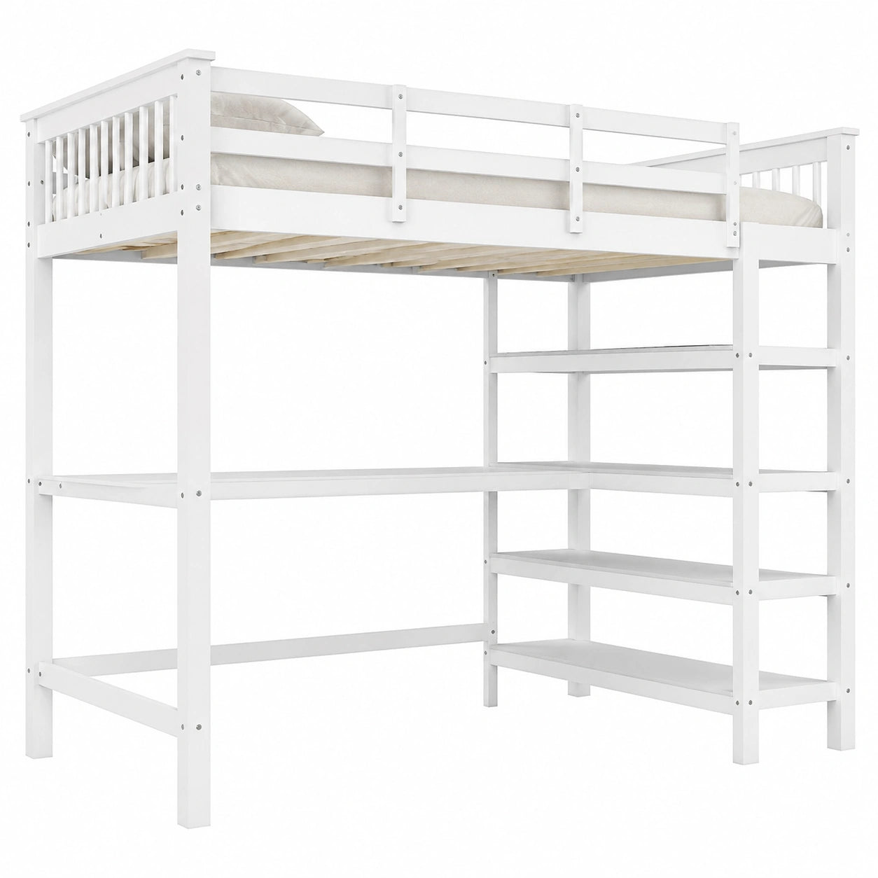 Multifunktionales Hochbett 140x200 cm mit Schreibtisch und Stauraum, Spiel- und Jugendbett in Weiß für Kinder und Erwachsene