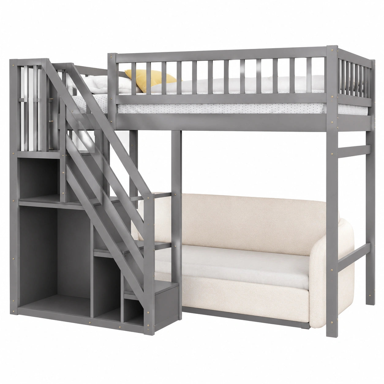 Raumsparendes Kinderhochbett 140x200 cm mit Treppe und Stauraum, Ideal für kleine Räume, Grau