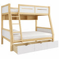 Hochbett in Weiß und Natur mit 3 Schubladen, 2m Regal, Gitter und Leiter, Stockbetten-Design für Kinder- und Gästezimmer