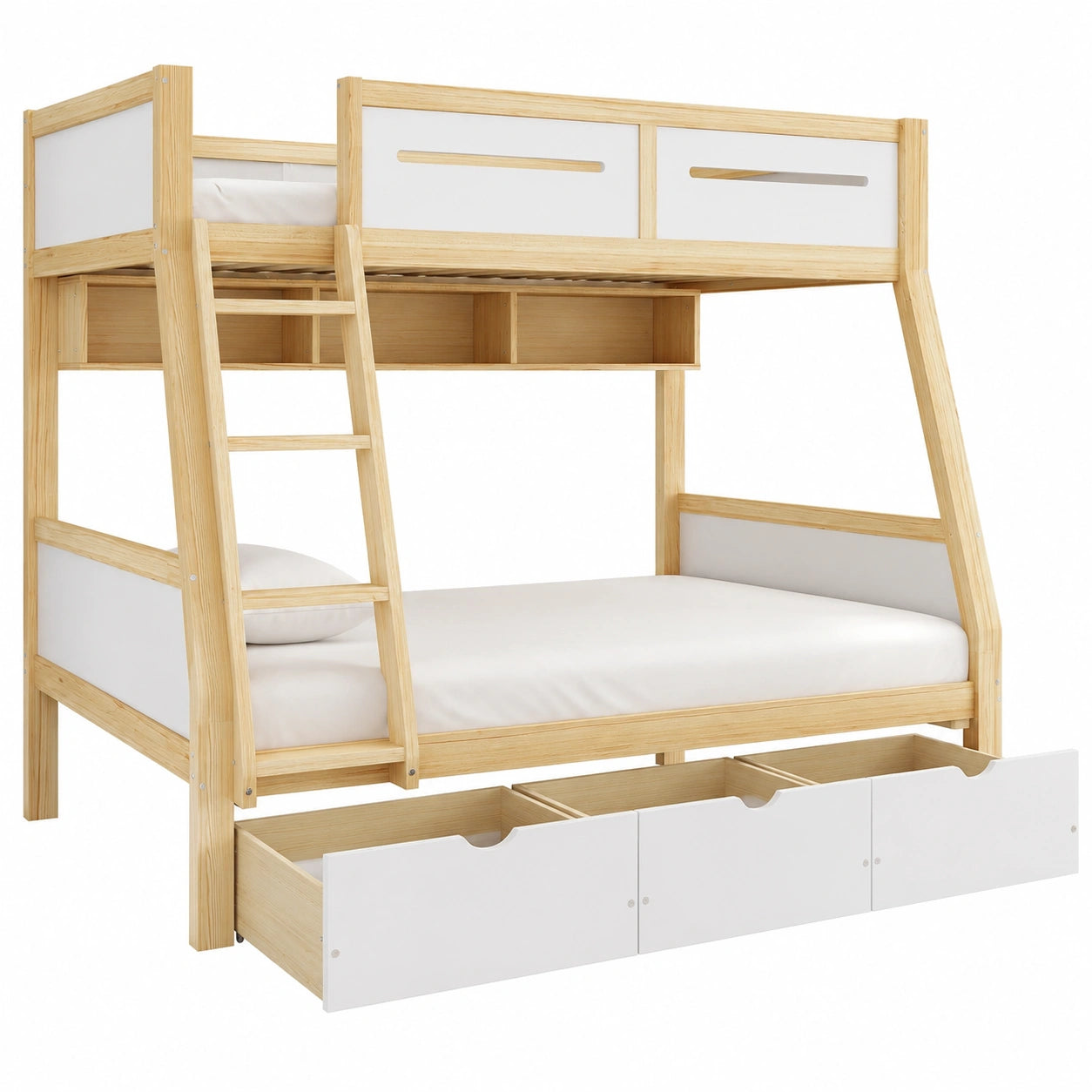 Hochbett in Weiß und Natur mit 3 Schubladen, 2m Regal, Gitter und Leiter, Stockbetten-Design für Kinder- und Gästezimmer