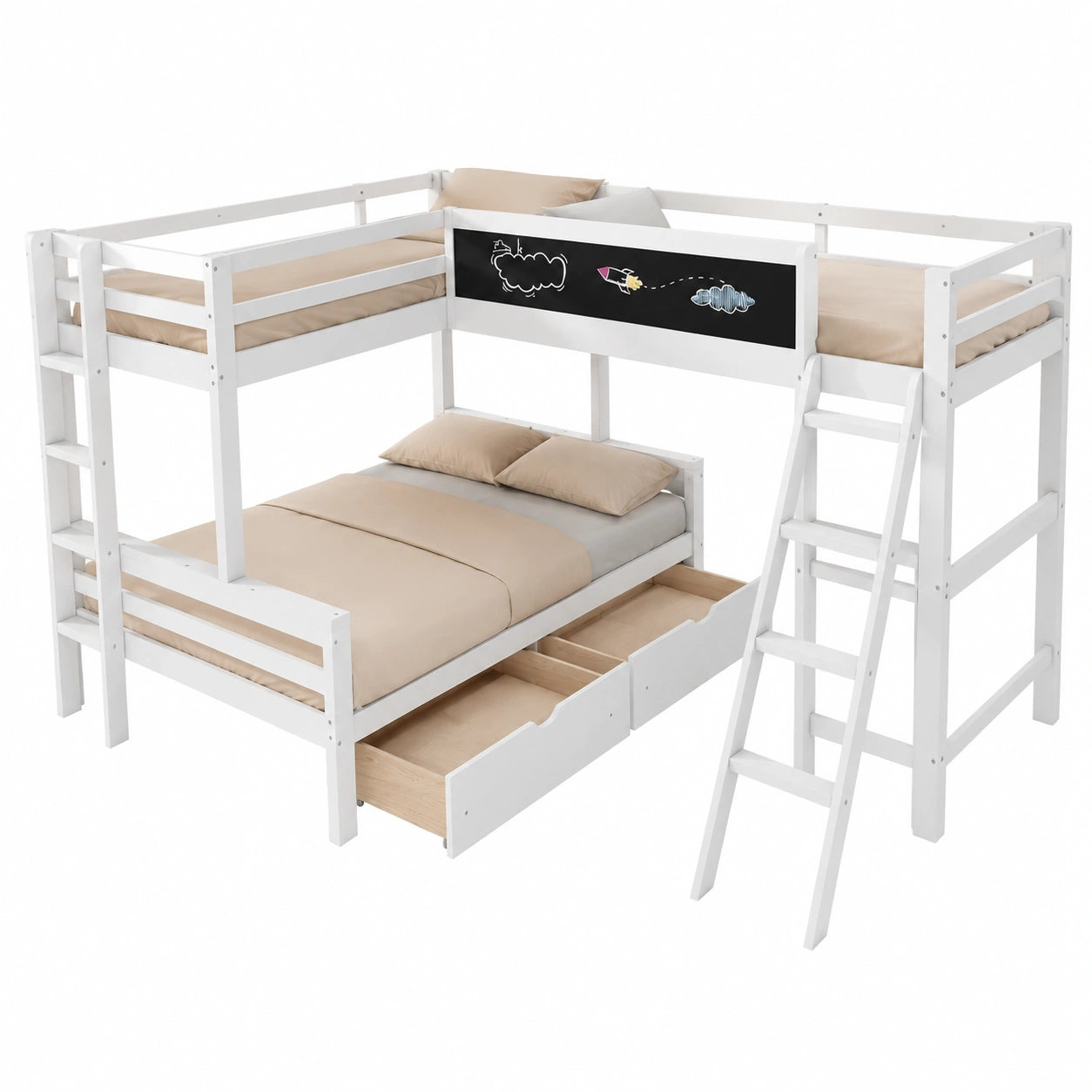 Multifunktionales Etagenbett für Kinder und Jugendliche, Schreibtisch und Tafel, Kiefernholz, 90x200 cm & 140x200 cm, ohne Matratze, Weiß