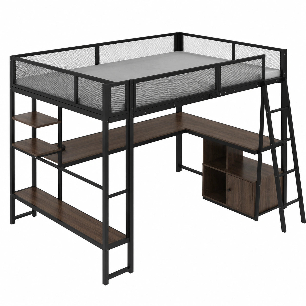 Hochbett 140x200 cm aus Metall mit LED, Schreibtisch und Treppe, Schwarz